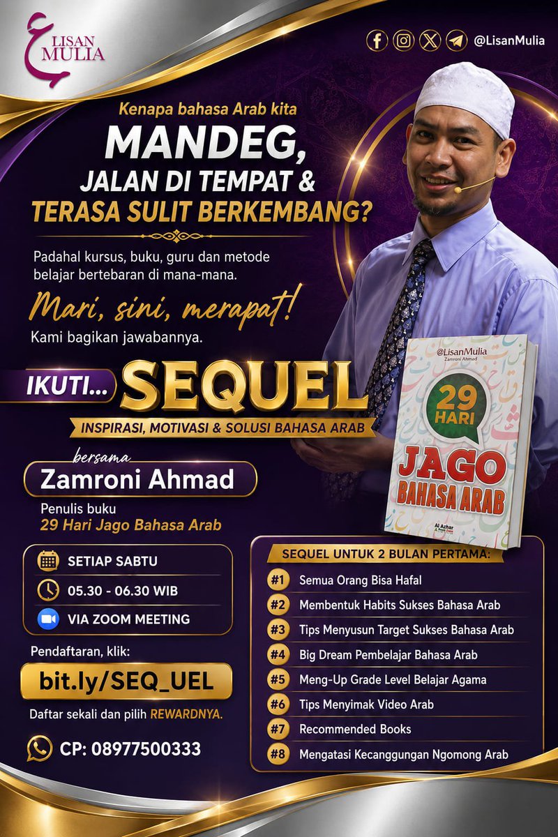 LisanMulia's tweet photo. Kenapa bahasa Arab kita mandeg, jalan di tempat &amp; terasa sulit berkembang?
Padahal kursus, buku, guru dan metode belajar bertebaran di mana-mana.

Mari, sini, merapat!
Kami bagikan jawabannya. https://t.co/B1BWq3wHNZ