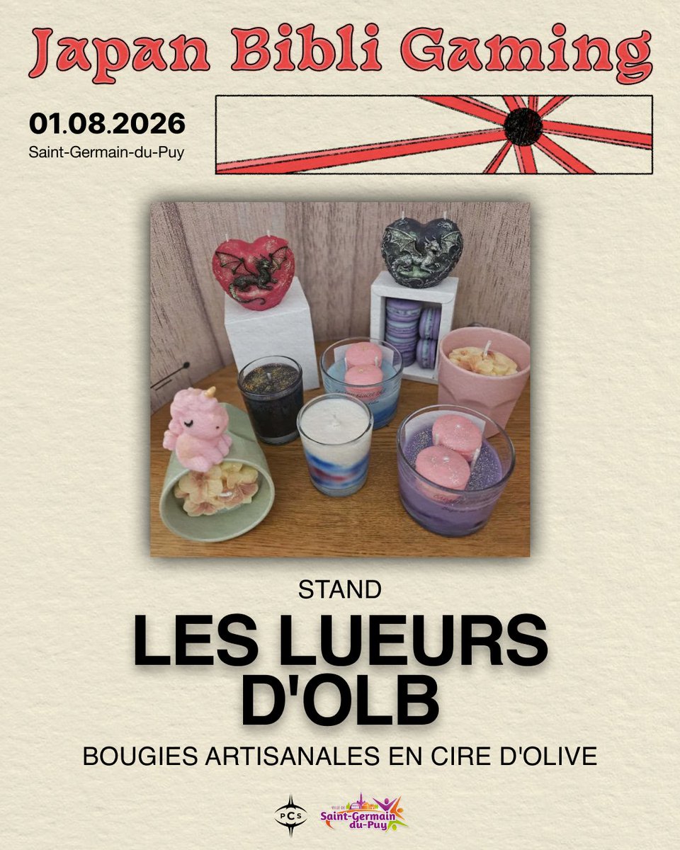 jpnbibligaming's tweet photo. Version X

🕯️ Et si un simple parfum suffisait à vous faire voyager ?

Retrouvez Les Lueurs d'O.L.B. au Japan Bibli Gaming 2026 !

🕯️ Bougies en cire d'olive
🌸 Fondants parfumés
🚪 Suspensions d'armoire
✨ Fabrication artisanale avec des parfums de Grasse https://t.co/OrYh7pd4AS