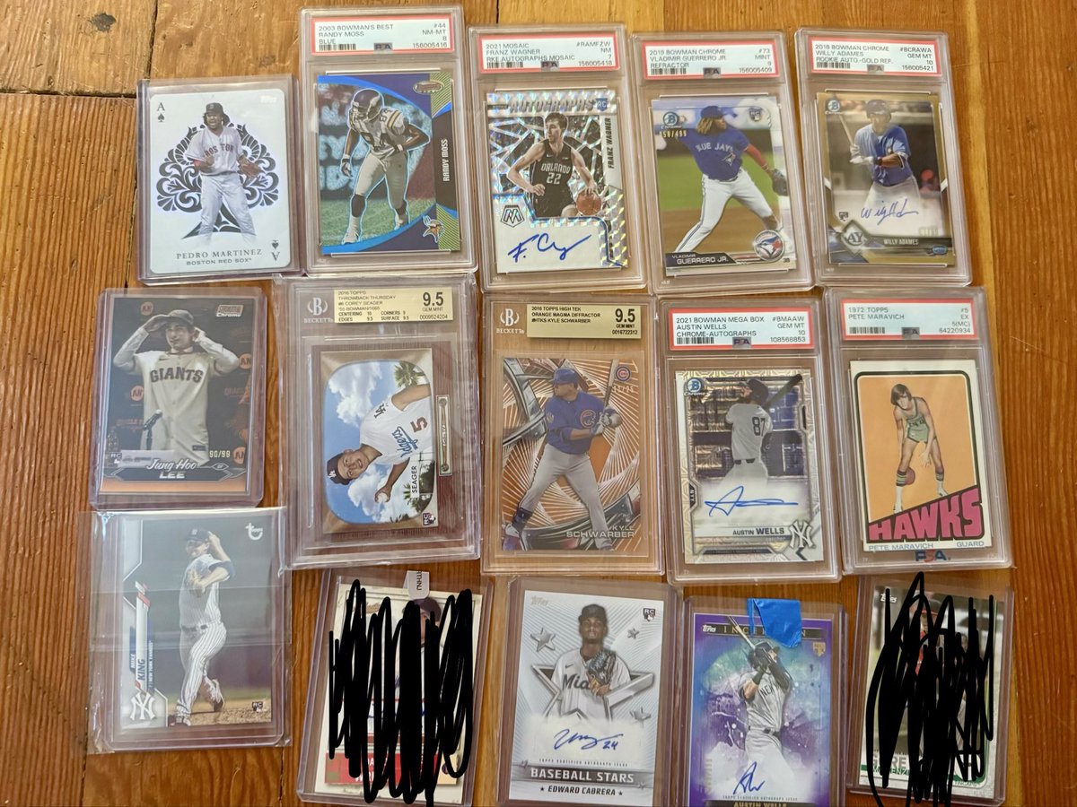 EvilEmpireTalk's tweet photo. @cardboardbst @84baseballcards $5 bmwt $1 Pwe
Schwarb /25 150
JHL 50
Adames185
Pedro 8
Maravich 70
Mookie 150
Seager 50
Cease 10
King 10
Gore 5
Cabrera 15
Wright 45
Griffey 50
Duran auto 65 /5 40
Rooker 12
Wells PSA 10 20 Raw 12
Soriano 20
Hader 25
Moss 25
Vlad 76
Franz 30
Sandy 90
Franco 12
Arod 40
Rosario 25 https://t.co/ufhI045cw7