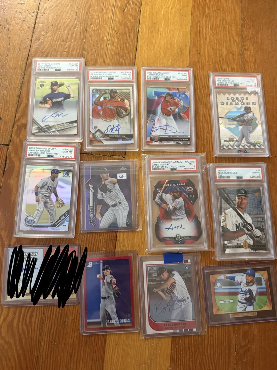 EvilEmpireTalk's tweet photo. @cardboardbst @84baseballcards $5 bmwt $1 Pwe
Schwarb /25 150
JHL 50
Adames185
Pedro 8
Maravich 70
Mookie 150
Seager 50
Cease 10
King 10
Gore 5
Cabrera 15
Wright 45
Griffey 50
Duran auto 65 /5 40
Rooker 12
Wells PSA 10 20 Raw 12
Soriano 20
Hader 25
Moss 25
Vlad 76
Franz 30
Sandy 90
Franco 12
Arod 40
Rosario 25 https://t.co/ufhI045cw7