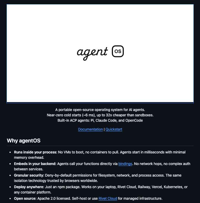 AgentOS product page describing in-process agent isolation, granular filesystem/network/process permissions, persistent filesystems, and near-zero cold starts