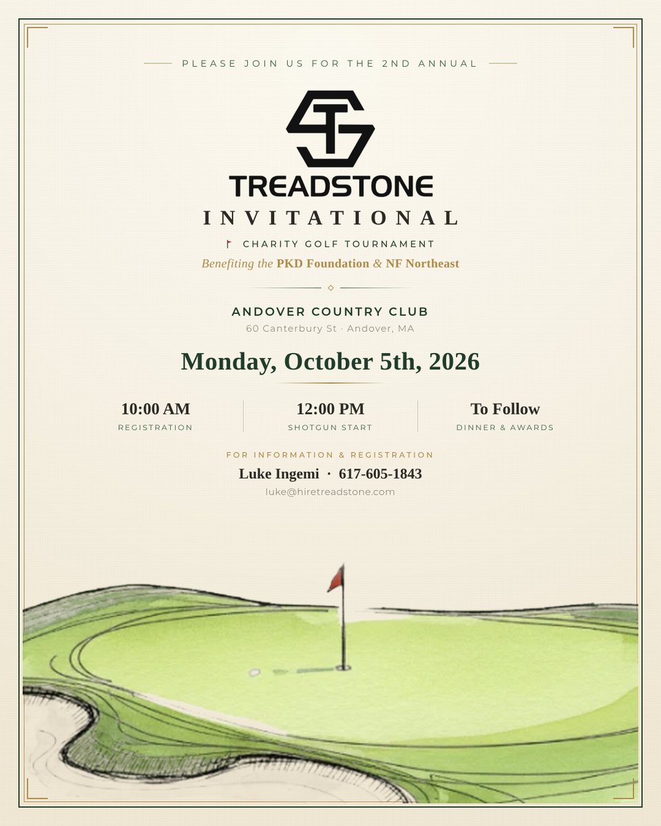 NewEnglandPkd's tweet photo. ⛳ Join us for the 2nd Annual #Treadstone Invitational Charity Golf Tournament, benefiting the PKD Foundation & NF Northeast! #GolfForACause #CharityGolf

📅 Mon, Oct 5, 2026 📍 Andover Country Club, Andover, MA ⛳ 10AM registration · 12PM shotgun start
Register: Luke Ingemi, 617-605-1843 
#TreadStoneConstruction #NFNortheast #EndPKD #AndoverCountryClub #AndoverMA #PKD