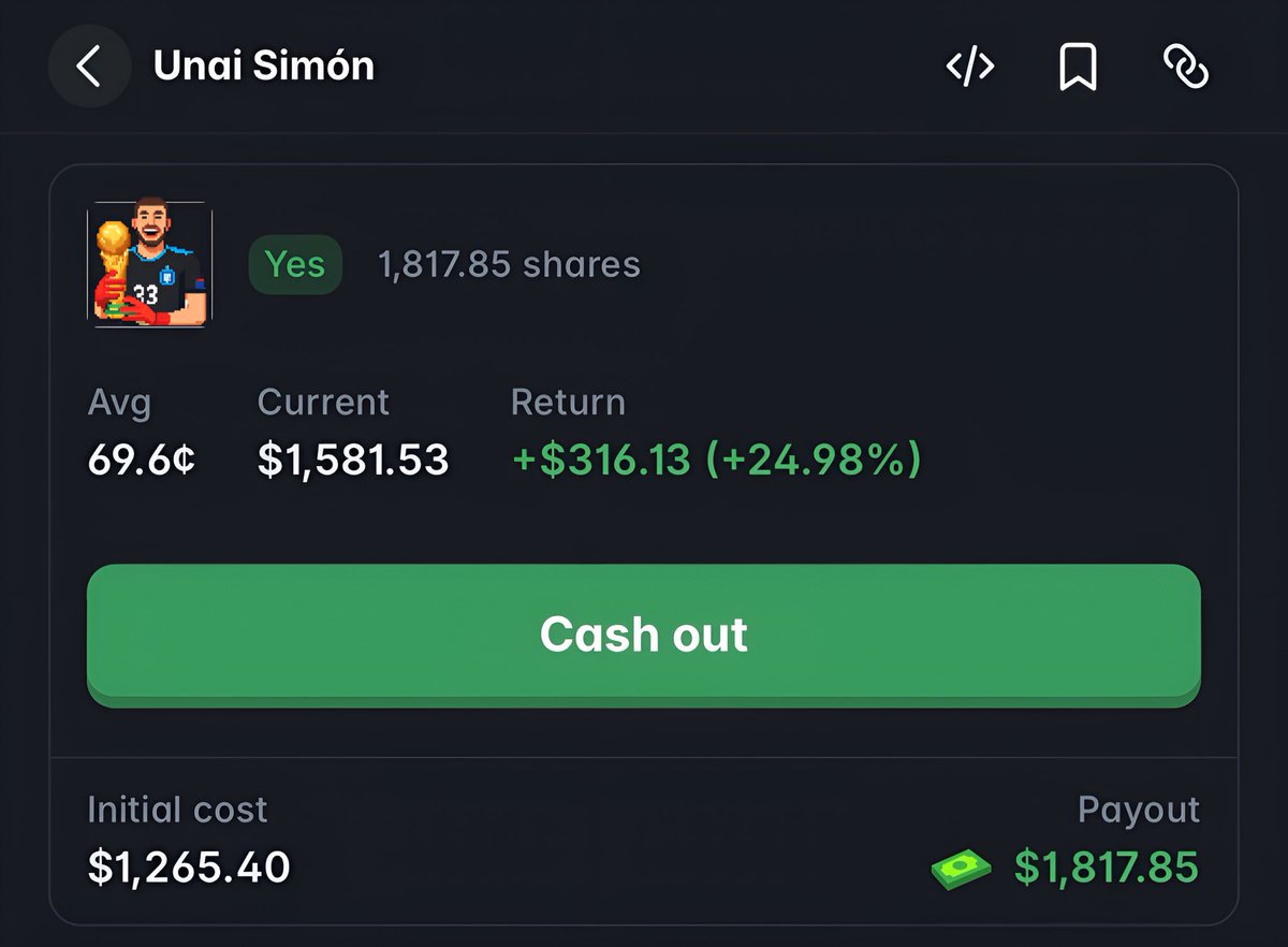 syanovee's tweet photo. I’ll profit $552 if Unai Simon wins the Golden Glove Award today!

Who deserves it more? Emi Martinez? Nah man let me make it clear for you.

> 6 clean sheets out of 7 matches 
> only 1 goal conceded 
> Simon broke the WC clean sheets record
> 649 minutes without conceding

Spain’s defence has been a pure wall this tournament and Unai is the main piece of it.

I honestly don’t know what could steal this award from him today.

Team Spain 🇪🇸