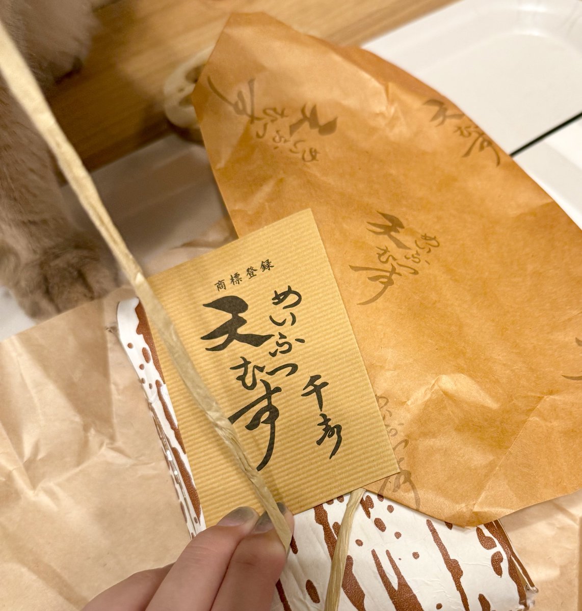 rich_oo414's tweet photo. 千寿の天むすは茶色い包み紙のやつの方がおいしいと判明した夜🍤🍙
(ねこにひも奪われてる) https://t.co/C7ecR9Wbma