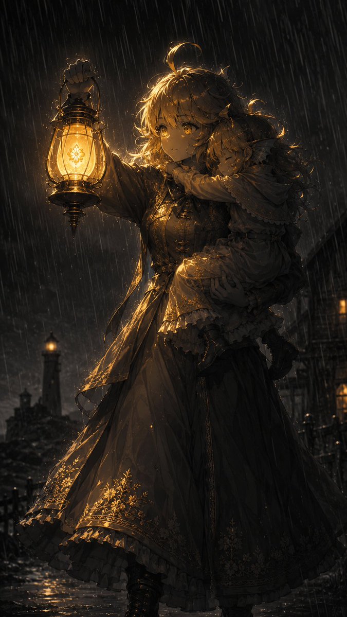 Pupperfishpat's tweet photo. So, I was working on some human Pat lore, and this image turned out so good that I wanted to share the prompt. It's on the simpler side, but I like the results I've gotten.

A little bit of lore. Human Pat is a lighthouse keeper and is the guardian of Lil' Carrie. The lighthouse operates as a guiding light. Think of it as a welcome to the weary and a warning to the wicked.

One thing to keep in mind is that the character you use for Image2 will be a child version. Also, if you don't use a second image, then a child version of Image1 will be used as well. I kept it as clean as possible, but because it involves little ones, you may get some fails. Sorry about that in advance.

Guardian in the Storm
[Prompt Starts Here]
Masterpiece-quality | Shallow Depth of Field | 9:16 Aspect Ratio
Image1 = primary character reference
Image2 = second character reference
Preserve the referenced characters’ face shapes, hairstyle, hair color, eye color, correct number of limbs and fingers, personality, body language, signature color palette, outfit motifs, species traits, accessories, silhouette, body shape, body proportions, and overall character vibe. If the character has a mask, do not change it. If the character does not have a head, do not invent one. Do not lose character recognizability. Do not turn the character into a generic person or unrelated design. Do not overcrowd the composition. Do not introduce extra characters or duplicates. Do not break anatomy unless clearly justified by the transformation concept. Do not make the scene visually confusing or unreadable. Do not explicitly list or name the hidden influences used. Do not let the environment overpower the character. Extremely clean animation aesthetic. No pointillism, no stippling, no dot textures, no grainy or noisy rendering, no overly soft or blurry edges. All lines are crisp and intentional. All shading transitions are controlled and professional. High contrast with excellent form definition. Cinematic composition language with strong emotional intensity conveyed purely through rendering and lighting choices. If no image is provided for Image2, then a child version of Image1 must be used in the place of Image2.

The scene will be extremely dark. There must not be any color in the image. The only colors must be from the lantern. It will be raining heavily, and heavy shadows will be cast on both Image1 and Image2.
Image1 will be carrying Image2 on their hip. Image2 will have their arms around the neck of Image1.
Image1 will be wearing Edwardian-style clothing that would fit the weather. The clothing will use the color scheme, visual personality, energy, and have embroidery that closely reflects Image1.

Image2 will be a child version of Image2. If Image2 is already a child, leave their body unchanged. Only change their outfit. Image2 will be wearing Edwardian-style children’s clothing that would fit the weather. The clothing will use the color scheme, visual personality, energy, and have embroidery that closely reflects Image2.

Image1 will be holding up a lantern in their free hand. The lantern will use Image1 to determine the color scheme, symbols engraved on the lantern, and the lantern’s shape. The lantern will be made of a blend of metals that will be determined by Image1. The light the lantern emits will be determined by the color scheme of Image1. The light from the lantern will shine on both Image1 and Image2. The color of the lantern’s light must be the only color in the final image.
[Prompt Ends Here]

#promptoftheday #AI #AiArt #Art #PromptEngineering #CharacterDesign #DigitalArt #CommunityPrompt #SCU #Skyebros