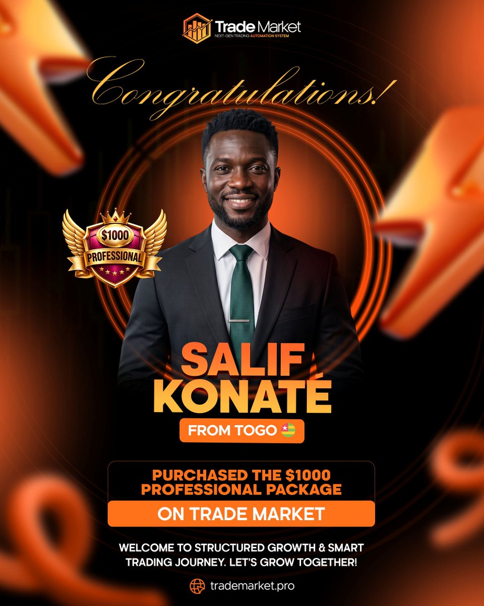 TradeMarket_Pro's tweet photo. 🎉 Congratulations to Salif Konate from Togo!

We are delighted to welcome Salif Konate from Togo 🇹🇬 to the Trade Market community on the successful purchase of the $1000 Professional Package.

🌍 Country: Togo
🎯 Package: $1000 Professional Package https://t.co/G1GvVlXHoJ
