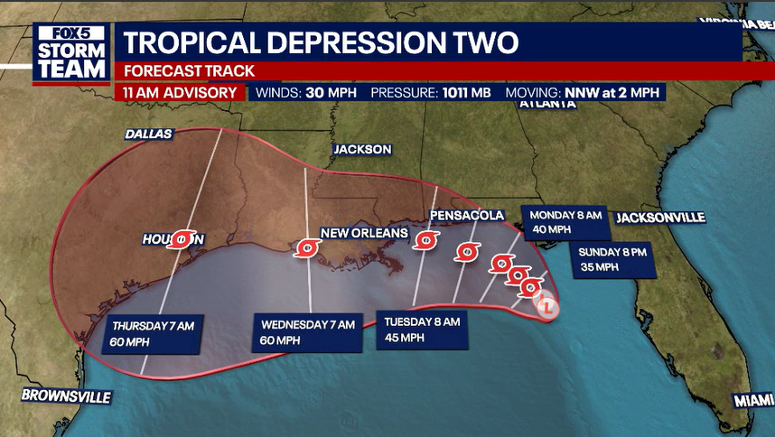 JoanneFOX5's tweet photo. Tropical Depression Two has formed in the Gulf and is moving slowly. Forecast to become #Bertha by tonight or Monday and drift westward along the Gulf Coast. Areas from western Florida to Louisiana expected to be most impacted by highest rain totals. @FOX5Atlanta https://t.co/25JgerVcdA