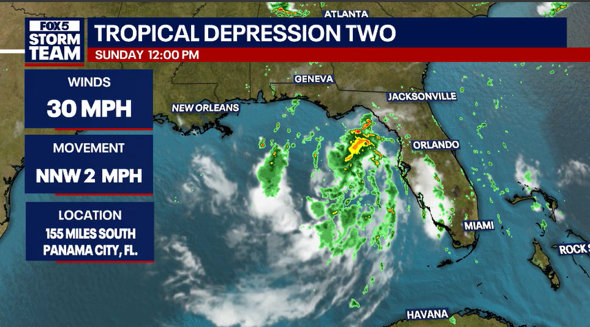 JoanneFOX5's tweet photo. Tropical Depression Two has formed in the Gulf and is moving slowly. Forecast to become #Bertha by tonight or Monday and drift westward along the Gulf Coast. Areas from western Florida to Louisiana expected to be most impacted by highest rain totals. @FOX5Atlanta https://t.co/25JgerVcdA
