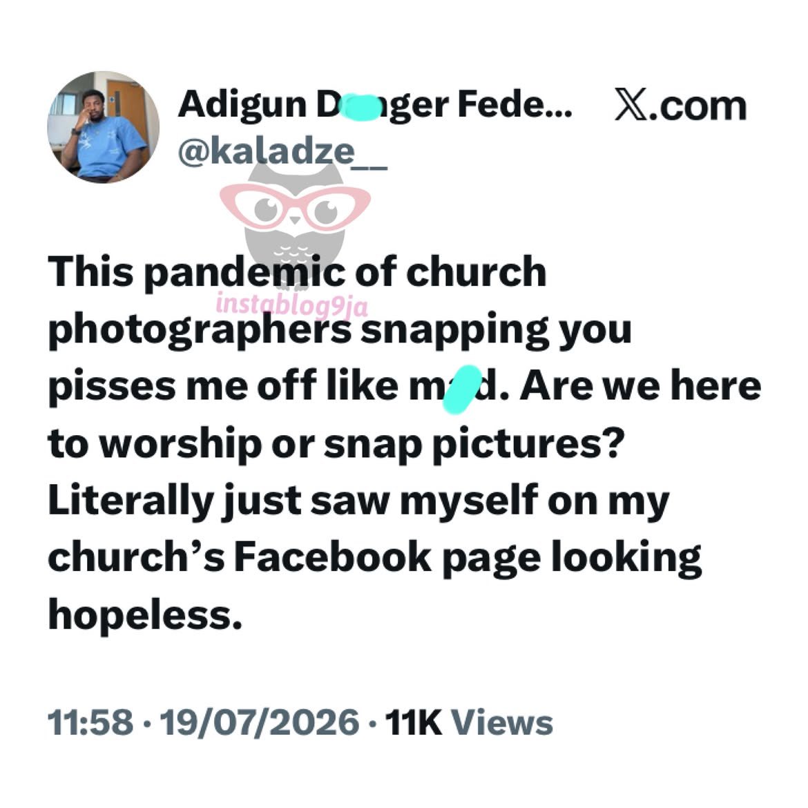 instablog9ja's tweet photo. After falling victim, Media Personality Adigun laments the Trend of Church Photographers Capturing Worshippers During Service https://t.co/oUE0GkaxtY