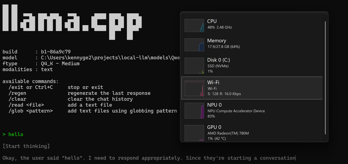 kennyge0's tweet photo. Running Qwen on AMD NPU with Llama.cpp, and custom GGML NPU kernels 👀 https://t.co/nMFSBE05SD