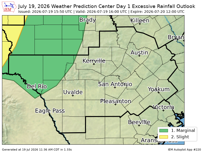 ScannerAtx's tweet photo. WPC issues Day 1 Slight Risk Excessive Rainfall Outlook at Jul 19, 15:50z for EWX https://t.co/48PU46xc7C https://t.co/Aa8TcAR9dp