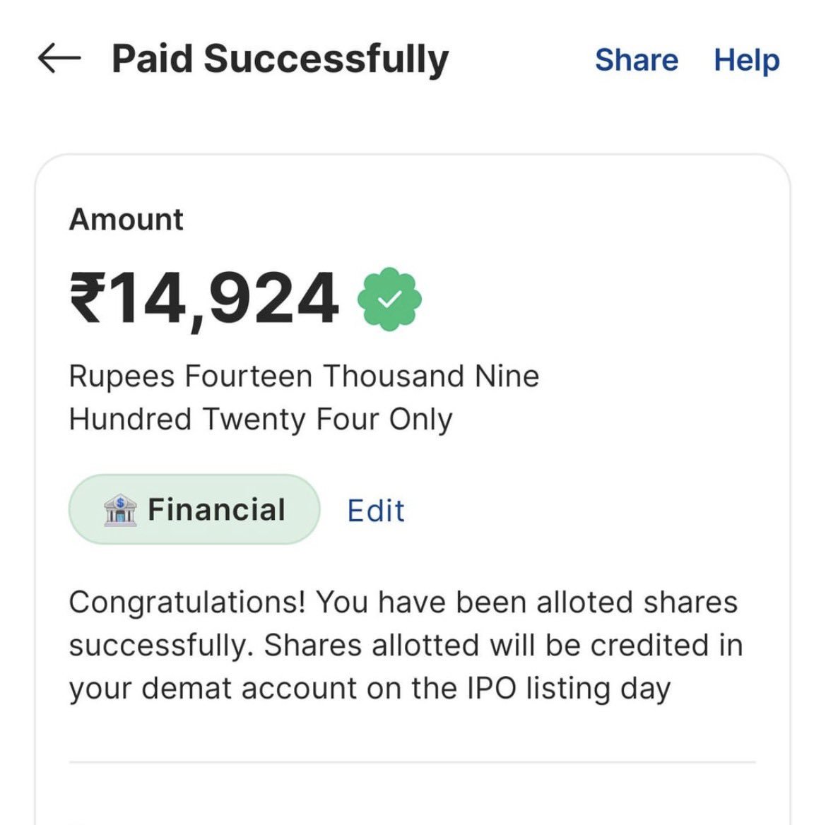 CherryCurls's tweet photo. SBI Funds IPO - Allotment

This was my first time ever applying for IPO :)

Damn feels great! https://t.co/UGYxeDhwDz