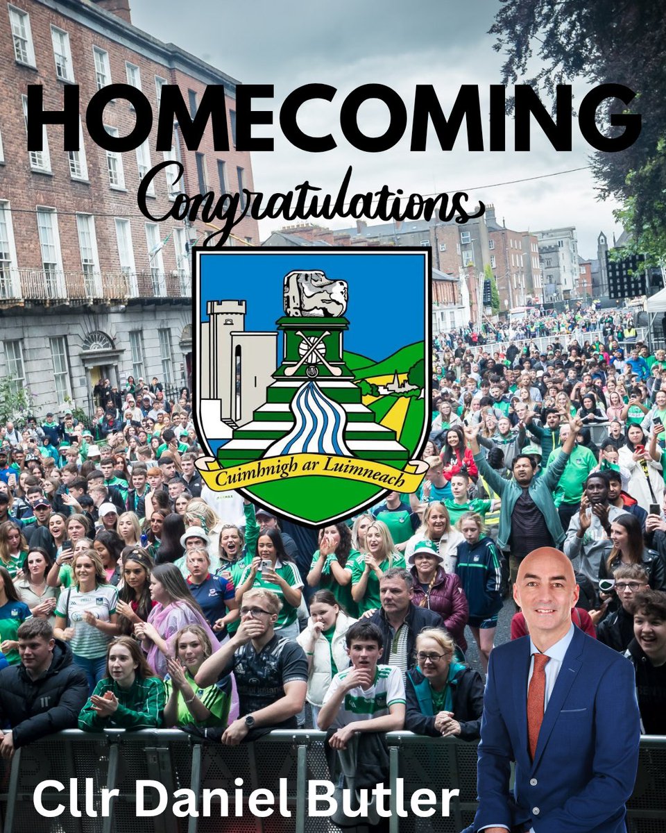 DanielButlerFG's tweet photo. 🏆 Welcome home Limerick Champions! 💚

Join us in Pery Square on Monday, 5pm–9pm to celebrate our All-Ireland Senior &amp; Minor Hurling Champions &amp; welcome home the Liam MacCarthy Cup.

🎟️ Registration required (€2 + booking fee per person)🏆💚

https://t.co/dSHV8F9GxE https://t.co/2RTLP726QD