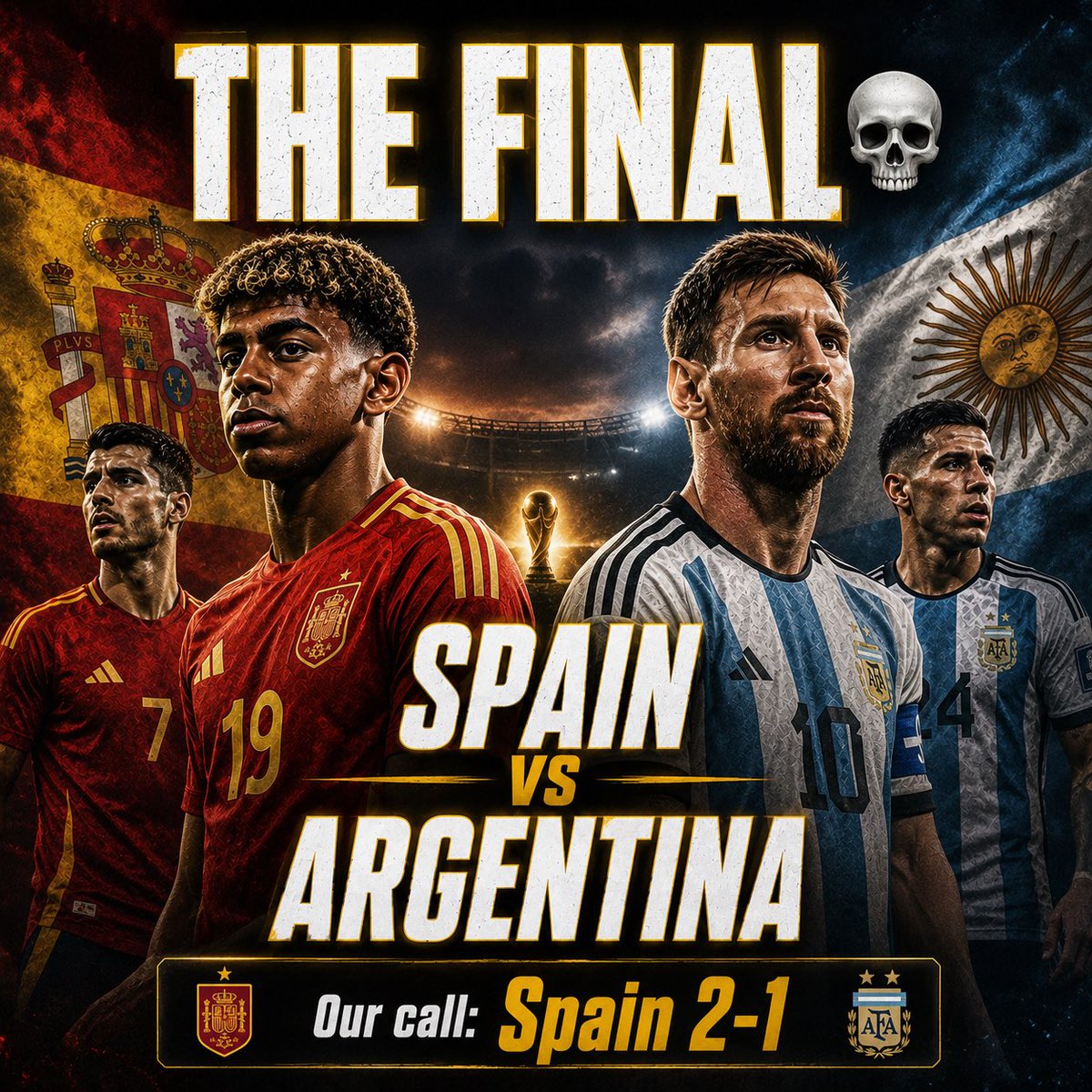 FunMarketapp's tweet photo. Spain vs Argentina: THE FINAL 🇪🇸🇦🇷

Two teams that have been monsters all tournament.

Spain with their ridiculous defensive record and attacking quality.

Argentina with Messi still cooking and that champion mentality.

This is the one the whole World Cup was building towards.

Our call: Spain 2-1

Drop your prediction below, let’s settle this once and for all 👀

Markets live now (including winner, anytime goal, etc.) 

👇 https://t.co/ipYR71mcSu
#WorldCup2026 #Final