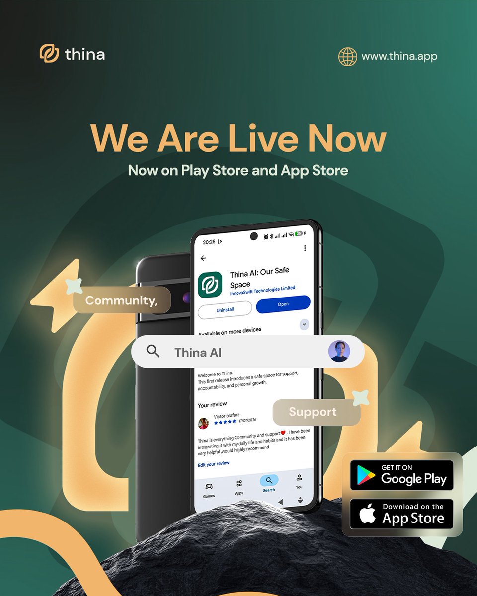 ThinaApp's tweet photo. We’re live! 🎉

Ready to join the Thina community?

Simply open the Google Play Store or Apple App Store and search for “Thina AI”, look out for the logo in this post 🤍 https://t.co/aGKx2VbhRM