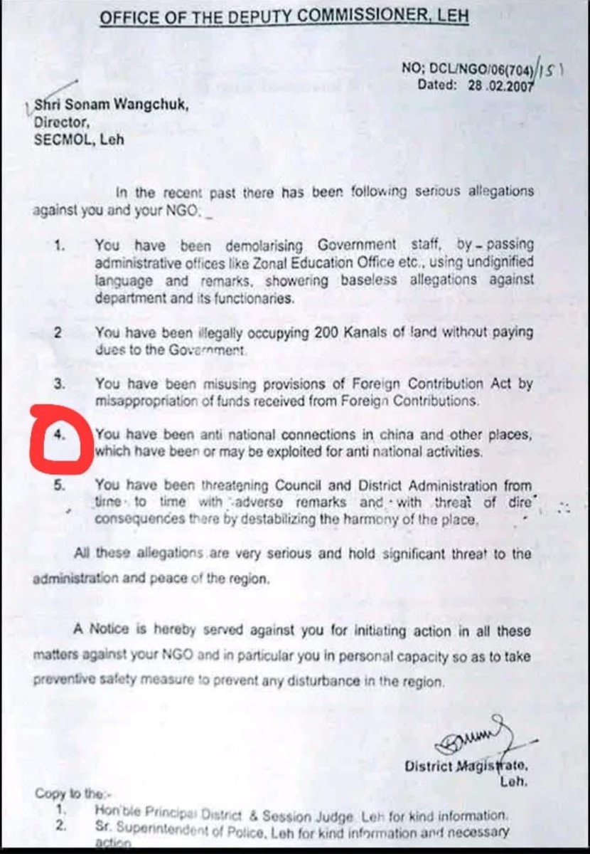 Mrsinha's tweet photo. -Year 2007 : Congress govt
-A letter to Sonam Wangchuk 
-Point 04 : Alleges that he's having links with China and involved in Anti National activities 

BJP didn't support him at this time... Congress is supporting same Wangchuk today, calling him new age Gandhi.. https://t.co/mCc4yK1BCl