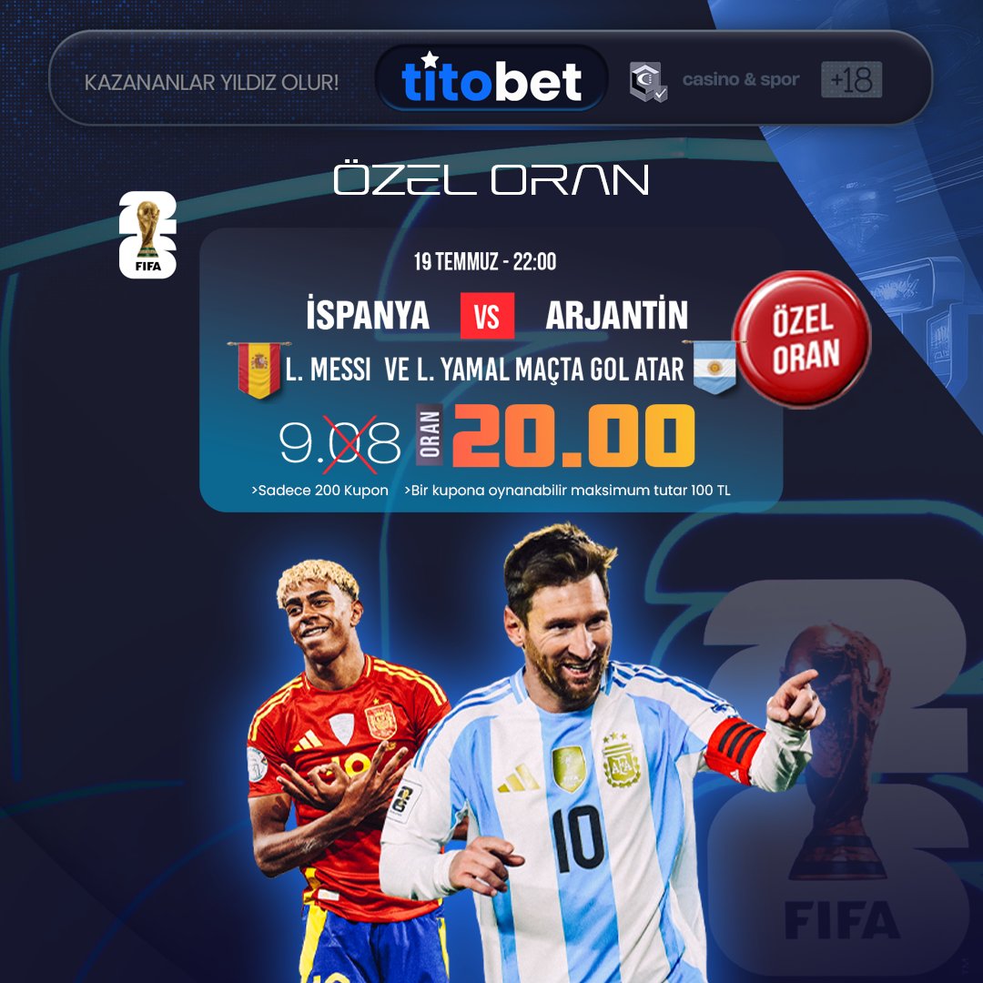 titobetsosyal's tweet photo. Dünya Kupası'nda dev finalde DEV ORAN!
Titobet Güncel Giriş https://t.co/bwvGoosZeg

İspanya 🆚 Arjantin
Messi ve Yamal Gol Atar: 
Oran: 15.00! https://t.co/5L7DYXrZ5n