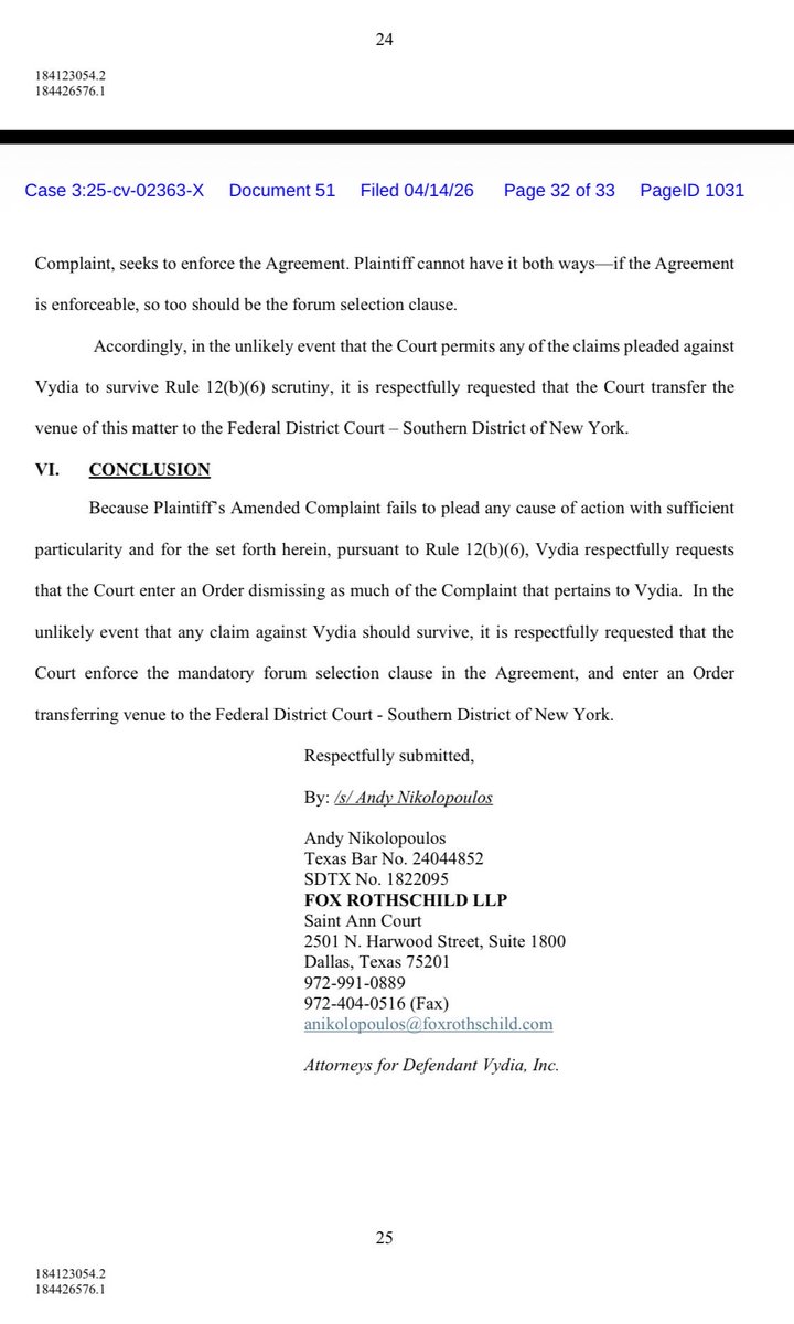 tulsanightsent's tweet photo. for those wondering how and why the case ended up in the Southern District of New York because both Vydia and Spotify requested that if their rule 12(b)6 motion is “DENIED” that NDTX transfer case to SDNY see docs attached for clarity https://t.co/juT9pvLPCZ