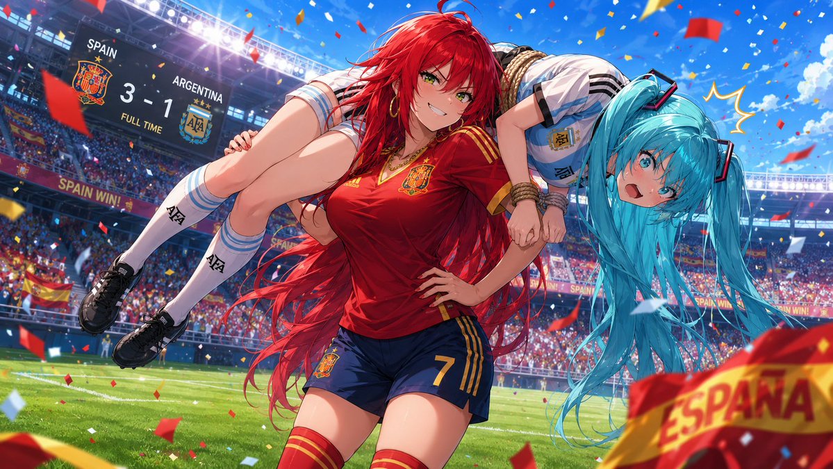 CrimsonESR's tweet photo. Gane quien gane esta final, el español sigue siendo la lengua de los cracks.
Hoy celebramos el fútbol y la hermandad hispana ❤️
(Y de paso… Hatsune Miku ya tiene billete a España jajaja)
¡Vamos España! 🇪🇸 https://t.co/w1bXGwsJAv
