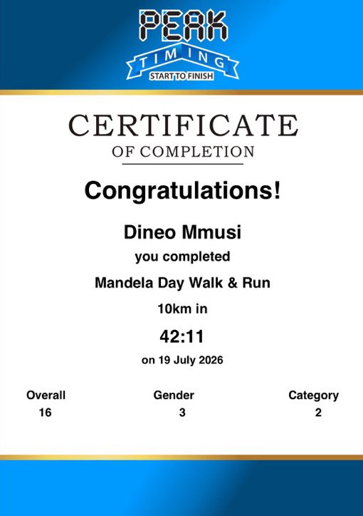 RunningWithTum1's tweet photo. A HUGE Congratulations to our very own Miss Beke Le Beke @Didi_Mmusi 🥳🥂👏🏽

Dineo took on @mandelarw 10KM 🏃🏽‍♀️today and crossed the finish line with an impressive time of 42:11 👏🏽placing her 3rd Overall🥉&amp; 2nd in her Age Category🥈

#RunningWithSoleAC https://t.co/NAYhUsX1Xo