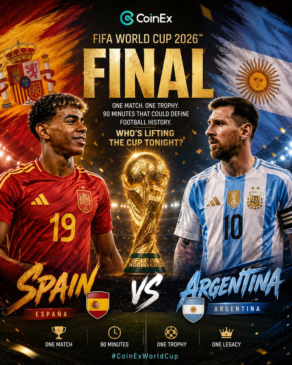 Aurther_Davis's tweet photo. It's time for trophy.🏆 

Spain 🇪🇸 vs Argentina 🇦🇷

The FIFA World Cup 2026 Final is here. One match, one trophy, and 90 minutes that could define football history.
Who's lifting the cup tonight?

#CoinExWorldCup https://t.co/tsnKFWfGdR