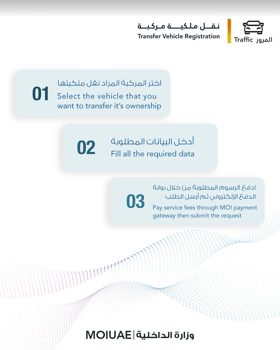 moiuae's tweet photo. نقل ملكية مركبة 
Transfer Vehicle Registration 

 #خدماتي_رقمية
#MOI_go_digital
#خدمات_وزارة_الداخلية
#MOI_Services
@uaedgov
#فخورين_بالإمارات 🇦🇪
◦
للدخول إلى الخدمة بشكل مباشر ، يرجى الضغط على الرابط التالي

To access the service directly, please click on the following link

https://t.co/N9nV1mAQj9