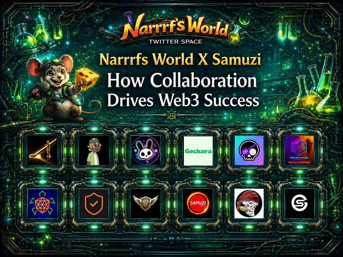 narrrf12345's tweet photo. 🚀 NARRRF WORLD × SamuziNFT Twitter Space 🚀

🎙 This Monday | 5:00 PM UTC

Get ready for an exciting Twitter Space packed with Web3 alpha, community discussions, gaming, NFTs, collaborations, and what's coming next across the ecosystem!

🎤 Hosts
🟣 @narrrf12345 
🔴 @samuziNFT

🎙 Co-Host
✨ @Sameen_sheshi

🤝 Partner Projects
• @MadStyleArts
• @TurtleToddlers
• @sentinelbot_cc
• @builder161_mark
• @solskypilots
• @Gensuki_

🌟 Featured Guest Speakers
🔹 @noble_bynyrial
🔹 @Chase_684
🔹 @RugdollzNFT
🔹 @TazoMaticQC
🔹 @Geckura
🔹 @YoukieVerse
🔹 @cryptsocialclub

💬 Expect exclusive project updates, engaging conversations, alpha leaks, networking opportunities, and a chance to connect with some of the most passionate communities in Web3.

🔗 Space Link: https://t.co/07IE7exYLn

Set your reminder, invite your friends, and don't miss this incredible gathering of builders, creators, collectors, and gamers.

🔥 One Space. One Community. Endless Opportunities.

#Web3 #NFT #Solana #TwitterSpaces #SamuziNFT #NarrrfWorld