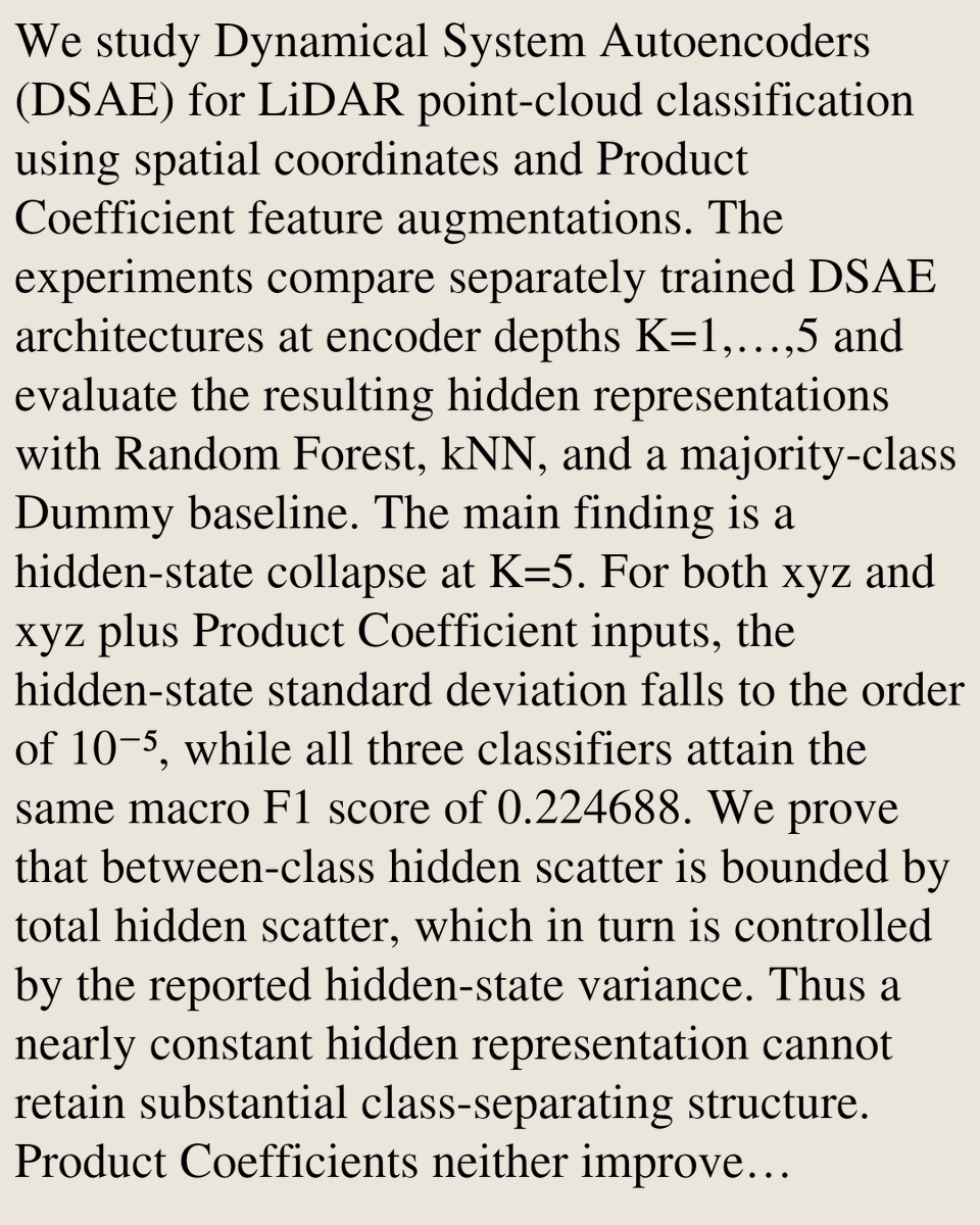 Memoirs's tweet photo. Depth-Dependent Hidden-State Collapse in Dynamical System Autoencoders for LiDAR Point-Cloud Classification

Patricia Medina, Hy P. G. Lam
https://t.co/kGSULvHul0 [𝚌𝚜.𝙻𝙶 𝚌𝚜.𝙲𝚅]
💬Submitted to the 2026 IEEE High Performance Extreme Computing Conference (HPEC 2026) https://t.co/wp8NhgvZGN
