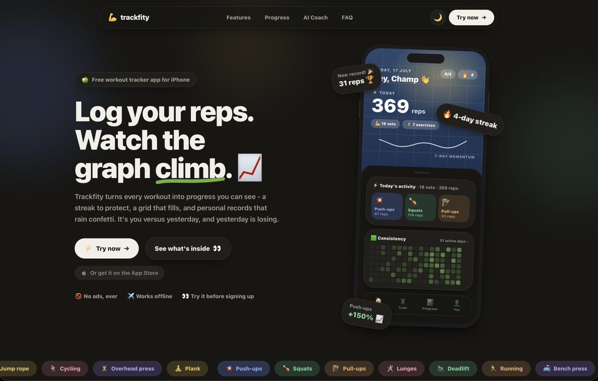 kamiluhryn's tweet photo. I’ve been building https://t.co/fDU6zJ8ng6 - a workout tracker that makes progress feel addictive.

✍️ Log reps, fill your consistency grid, track strength + weight, and actually see yourself improve.

📈 Built for people who want visible progress every day.

Would you use this? https://t.co/o8za3ZVM8X