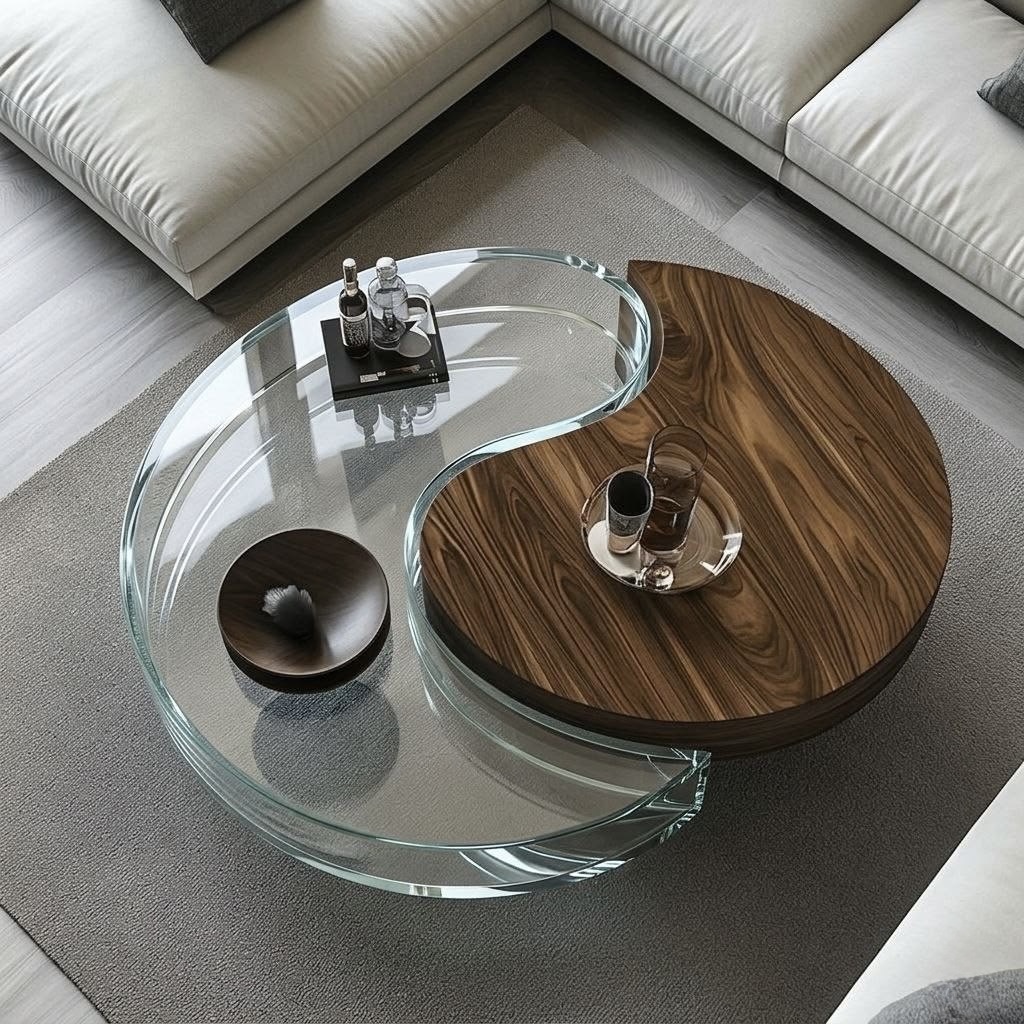 HOUSEPORN___'s tweet photo. glass and walnut yin yang table design https://t.co/9kQe9c0LGE