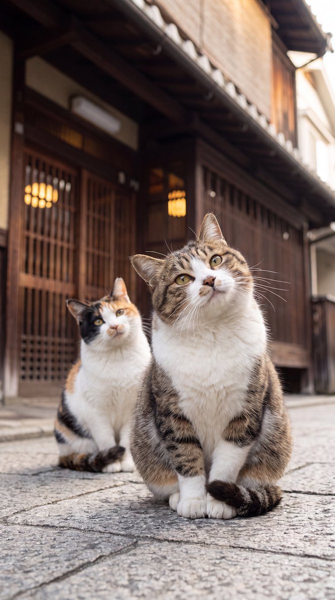 basarafire's tweet photo. キジ白：「うちの店に寄ってきなよ」
三毛：「きなよ」

キジ白：「猫いるよ」
三毛：「いるよ」 https://t.co/WtFya61Ama