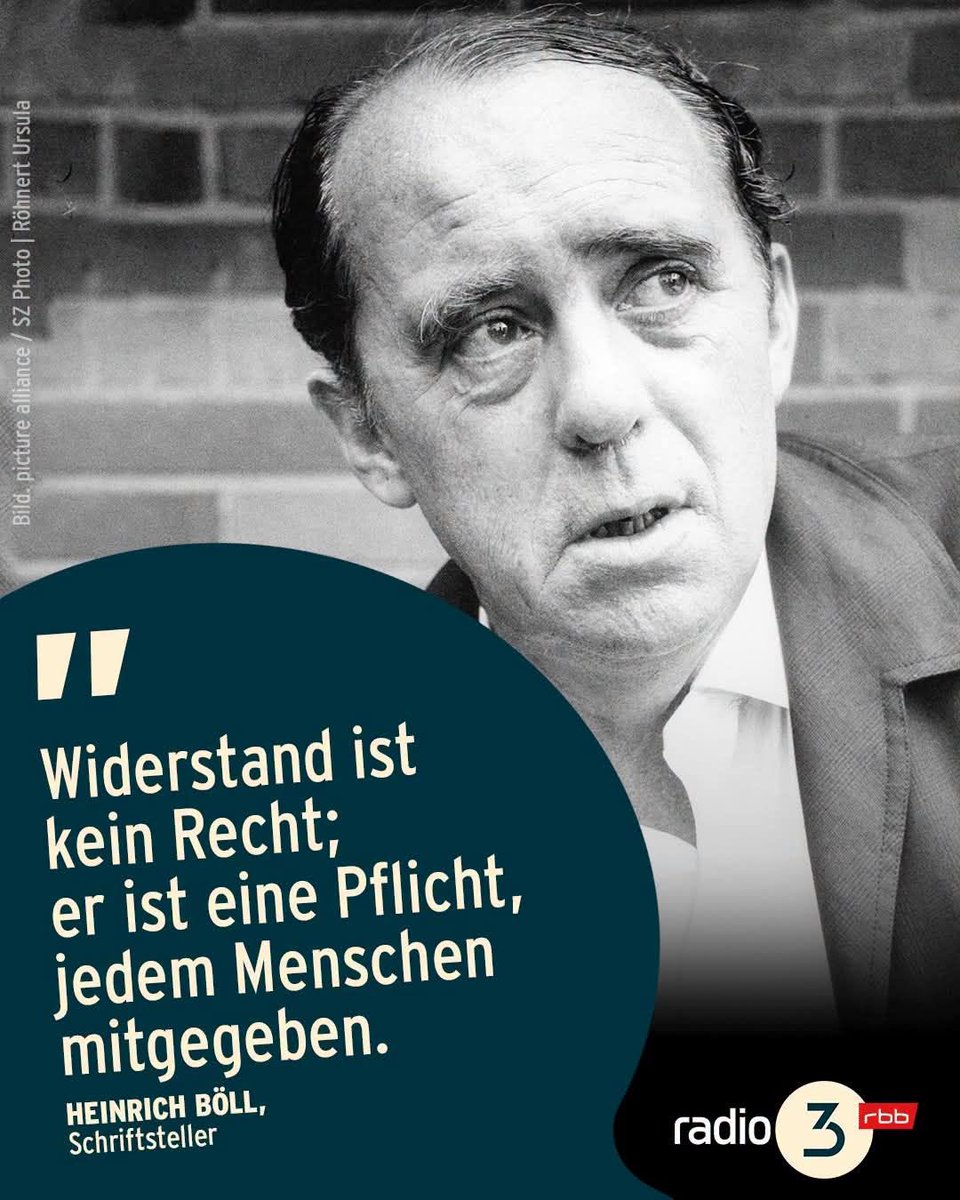 MathiasMarkert's tweet photo. Ich sehe das genau so wie er! Wie Heinrich Böll.
Toller Mann war das.
Widerstand ist Pflicht! Nicht "nur" Recht!
Die Grünen missbrauchen sehr gerne seinen Namen unter kompletter Verdrehung der Tatsachen und jedwedes Sachstandes.
Was würde er wohl zum Zustand von Politik und Medien im Jahre 2026 sagen?!
Bereits 1974 hat er sich in seinem Roman "Die verlorene Ehre der Katharina Blum" mit den skrupellosen Praktiken und Methoden der Mainstream- und Boulevardpresse (besonders damals dem Axel-Springer-Verlag) auseinander gesetzt. Auch er selbst blieb nicht verschont und wurde von dieser Presse diffamiert und verfolgt.

Er würde Widerstand leisten, denn es ist unsere Pflicht.
Unsere Regierung verletzt das Grundgesetz nicht mal hi und da versehentlich, sondern systematisch, weswegen ich den Artikel 20 IV GG, Recht zum Widerstand, als eröffnet ansehe und den mal nun geltend gemacht habe. Leider muss ich feststellen, es interessiert niemanden, wiewohl genau das gewollt ist, was und wie ich es mache. 
Dann mache ich es halt alleine. Wir als deutsche Bürger sind in der PFLICHT, denn wir werden vernichtet, Deutschland zerstört und alles Deutsche abgeschafft!
Schon mitbekommen? Ich glaube nicht .. sonst wäret ihr ALLE schon längst dabei, oder macht mit, oder helft mir hier, denn da stehen noch 7 weitere Arbeiten an:

Strafanzeige gg. Merz, Scholz, Dobrindt wegen systematischer Zweckentfremdung öffentlicher Mittel durch Untreue § 266 StGB, Betrug § 263 StGB, Wählertäuschung § 108a StGB und Vorteilsannahme § 331 StGB auf Basis GG, Recht zum Widerstand 20 IV eröffnet.
https://t.co/LEbEsgP1Ip

Wir müssen Merz und Co. ablösen für einen Regierungswechsel, ich sage, wir MÜSSEN:
Petition: Merz muss Vertrauensfrage stellen, so dann:
Bundestag auflösen – Neuwahlen jetzt! Die Merz-Regierung schadet Deutschland massiv!
https://t.co/TN6b42ynZa

Zu meiner Glaubwürdigkeit und das meine Worte und Taten übereinstimmen, hier ein paar Zeilen über mich:
https://t.co/Z2pCKORHAY

(Heinrich Böll, Dez. 1917 bis Jul. 1985)
