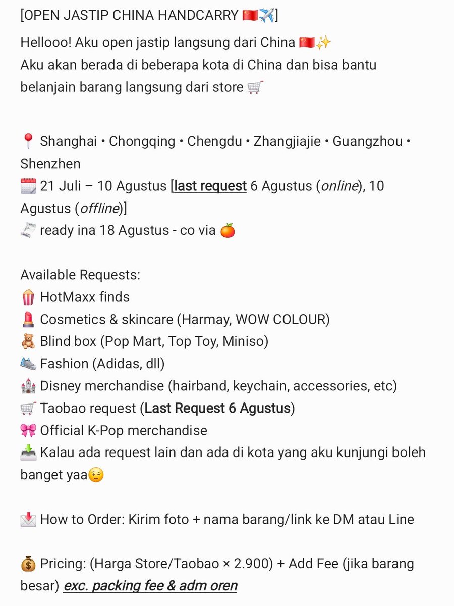 persevae's tweet photo. OPEN JASTIP CHINA 🇨🇳✈️
Hello! Aku open jastip langsung dari China. Kalian mau request? Boleh banget, ​Sistemnya itu, kirim wishlist dulu, harga fix pas aku keliling China. 

Cek rules di bawah sebelum slot full ya! 👇
📩: DM (mt after DM)/ Line (https://t.co/ie498sCkwT) https://t.co/LFERk3lqK8