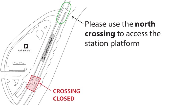 calgarytransit's tweet photo. ATTN #CTRiders and Blue Line customers, the Saddletowne Station south crossing will be temporarily closed July 18-31 for upgrades needed to install mechanical gate arms. Use north crossing for station platform access. https://t.co/ofDBYND3XH