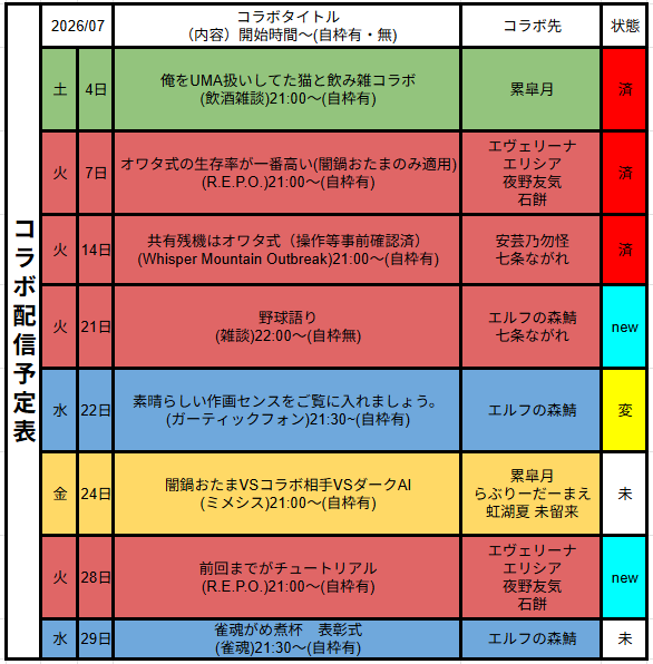 otama_yaminabe's tweet photo. ぐども。最近は暑さにやられていますが生きてます。あ、今週の予定表と更新されたコラボ予定表です。
#おはようVtuber https://t.co/eQ6jOCAaV6