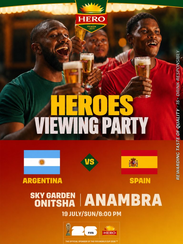 HeroLager's tweet photo. Heroes! We are in your city🔥

Come cheer and party the Hero way! 

Join us in Port Harcourt, Owerri, Enugu, Anambra and Calabar by 8pm today.

Free beer on us at halftime🍺🍺

Where will you be watching from? 👇🍺

#MadeForHeroes #FIFAWorldCup26 https://t.co/n3WNHbk0B6