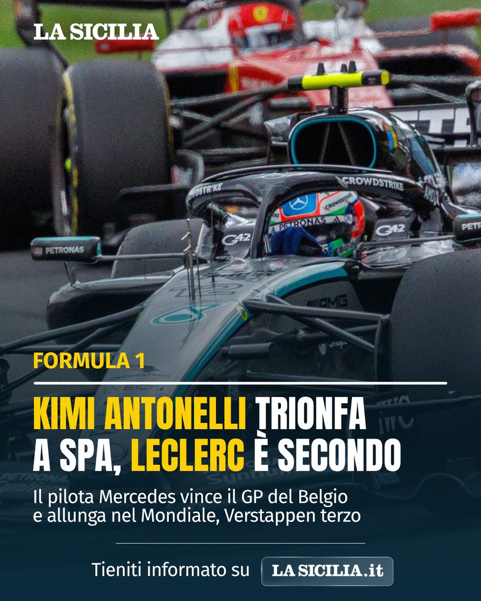 lasicilia's tweet photo. GP Belgio: trionfo di Kimi Antonelli a Spa, Leclerc è secondo davanti a Verstappen

Il pilota italiano della Mercedes vince una gara durissima nel tempio della velocità e allunga nel Mondiale. Sul podio la Ferrari del monegasco e la Red Bull dell'olandese. Fuori Russell al via dopo un contatto con Hamilton.

Leggi l’articolo completo: https://t.co/xcixW4eemo