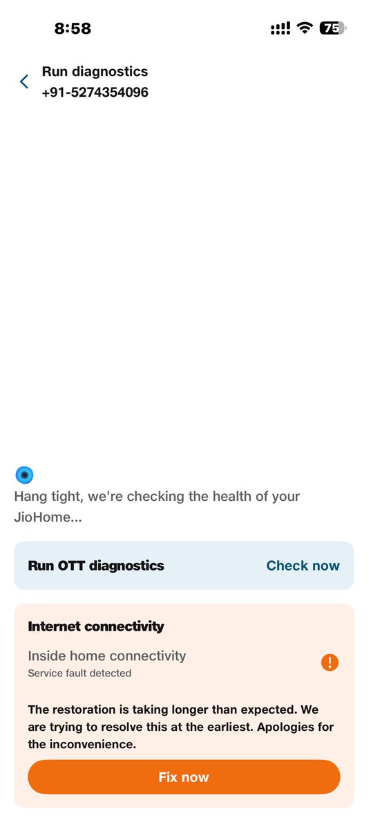 MishrAnkit3's tweet photo. @reliancejio @JioCare @TRAI  @jio_fiber #jiocustomerservice  Look hw Jio is treating its customer Every time I try to raise a complaint, the app automatically shows Service fault detected &amp; strts diagnostics. After that there’s no option to register a complaint r speak to support https://t.co/CzUMUSf7s0