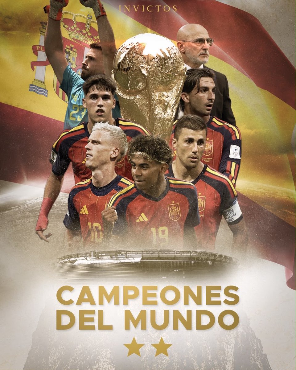 InvictosSomos's tweet photo. ¡¡ESPAÑA ES CAMPEÓN DEL MUNDO!!
¡¡LOS ESPAÑOLES VENCIERON A ARGENTINA EN LA FINAL!!
¡¡DESPUÉS DE 16 AÑOS, ESTÁN DE REGRESO EN EL TRONO DEL FÚTBOL MUNDIAL!!
¡¡FERRAN TORRES FUE EL HÉROE INESPERADO!!
¡¡LA PRIMERA DE LAMINE YAMAL!!
¡¡LA SEGUNDA ESTRELLA PARA EL CUADRO EUROPEO!!
¡¡EVITARON EL BICAMPEONATO ARGENTINO!!
¡¡UNA VEZ MÁS ESPAÑA ESTÁ EN LA CIMA DEL PLANETA FÚTBOL!!
