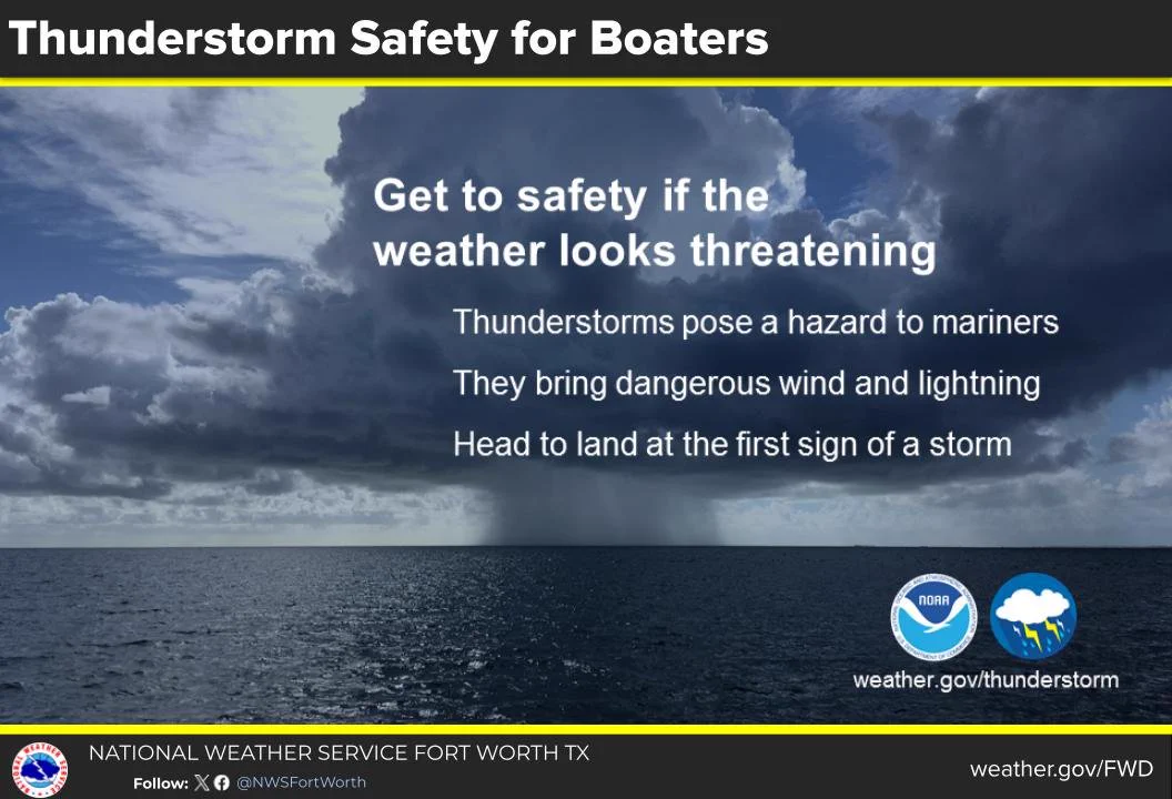 Get to safety if the weather looks threatening. Thunderstorms pose a hazard to mariners. They bring dangerous wind and lightning. Head to land at the first sign of a storm. 