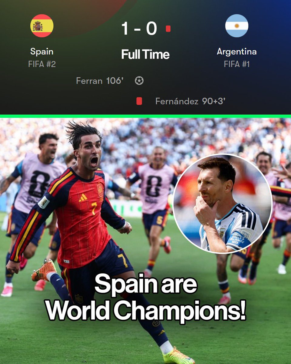 FaktaSepakbola's tweet photo. AET | #FIFAWorldCup
🇪🇸 Spanyol 1-0 Argentina 🇦🇷

⚽️ Ferran Torres 106’
-
🟥 Enzo Fernandez 90+3’

SPANYOL KELUAR SEBAGAI JUARA PIALA DUNIA 2026!🇪🇸🇪🇸🇪🇸🇪🇸 https://t.co/4i0UJayk2W