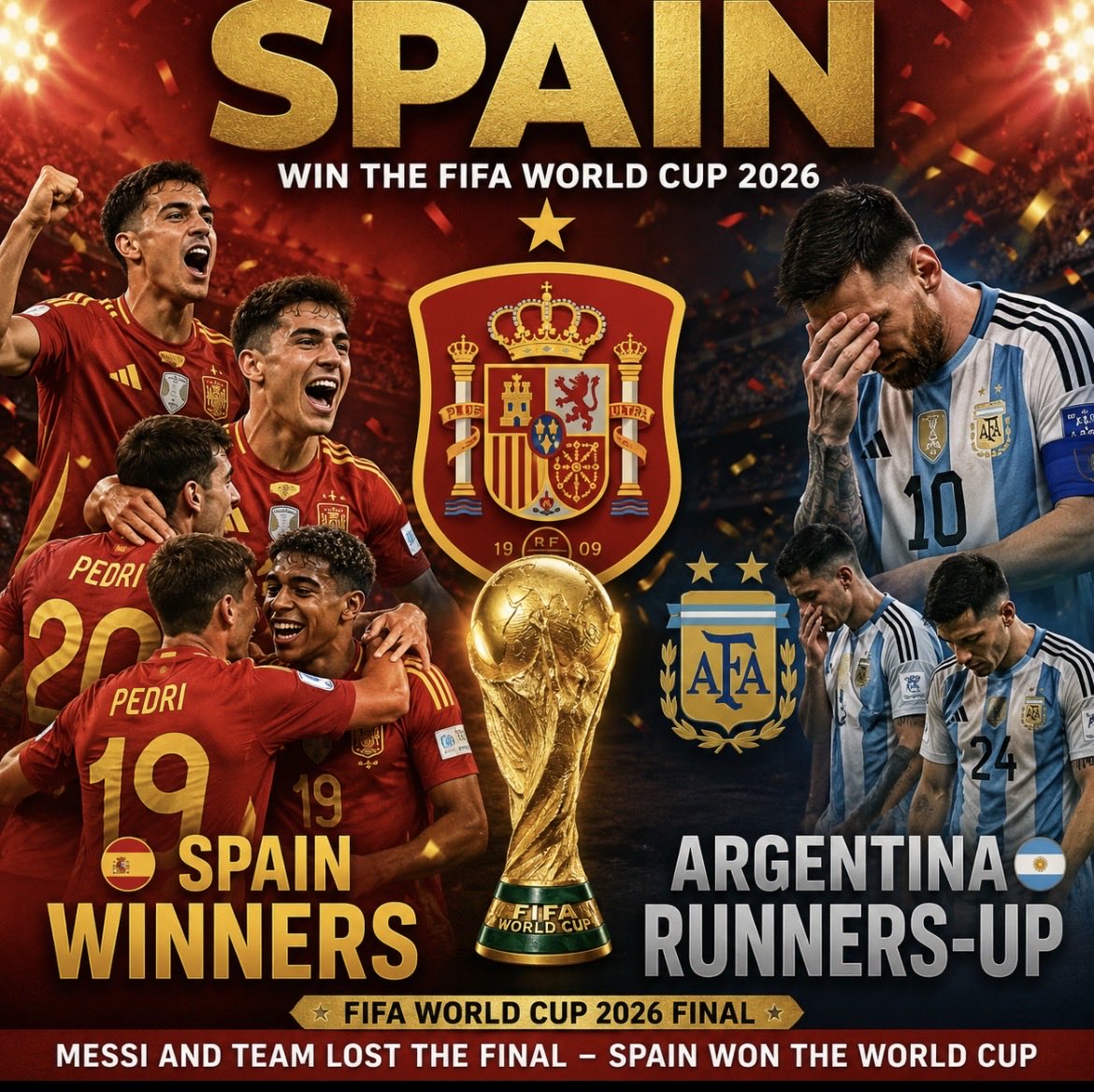 ag_observer's tweet photo. Spain edge past Lionel Messi’s Argentina to lift the 2026 FIFA World Cup, completing a sensational run to football’s biggest prize

Heartbreak for Messi and Argentina

Congratulations❤️💛

#FIFAWorldCup #WorldCup2026 #Spain #LaRoja #Argentina #Messi #WorldChampions #Football https://t.co/x6xsjmBqEs