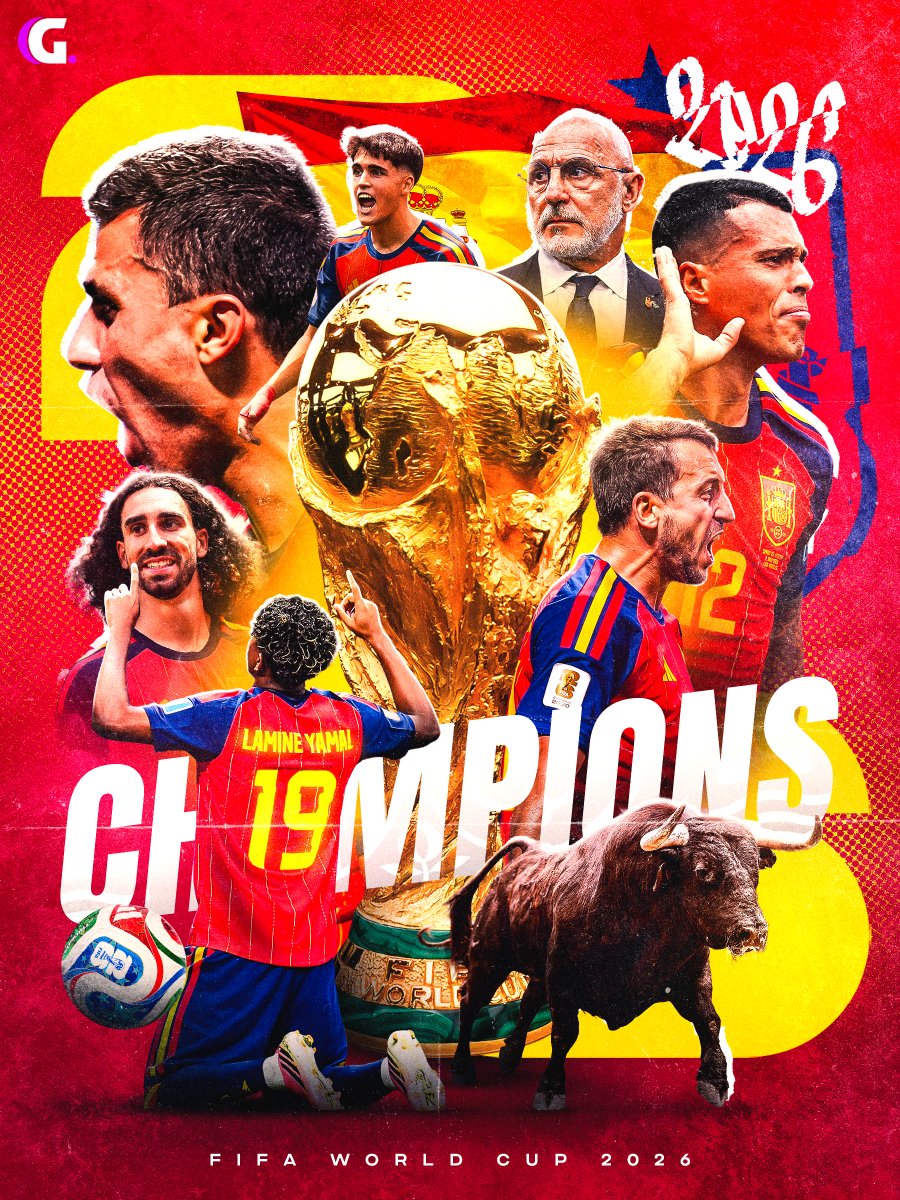 centregoals's tweet photo. 🚨🚨| 𝐎𝐅𝐅𝐈𝐂𝐈𝐀𝐋: SPAIN ARE THE 2026 FIFA WORLD CUP CHAMPIONS! 🏆🇪🇸 https://t.co/VpllLB3RCO