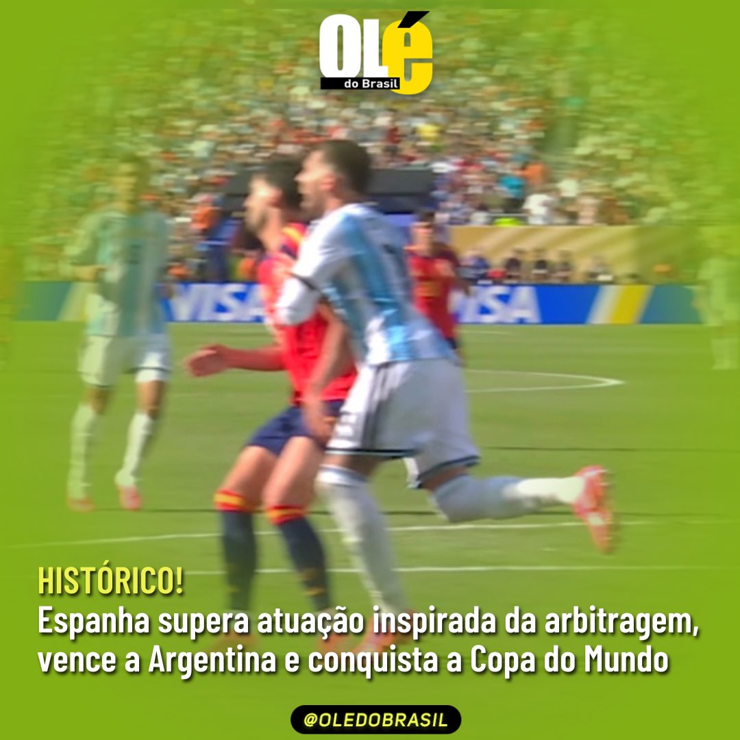 Oledobrasil's tweet photo. A Espanha superou uma atuação inspiradíssima da arbitragem, venceu a Argentina e conquistou a sua segunda Copa do Mundo.

No primeiro tempo da prorrogação, o time espanhol marcou um gol legítimo, mas o árbitro viu falta e anulou o lance.

O fato revoltou torcedores em todo o mundo, mas não foi capaz de parar a fortíssima Espanha. 

Verdade seja dita: o árbitro deu mais trabalho aos espanhóis do que Messi.

Siga o @oledobrasil para mais notícias fictícias/humorísticas como essa.