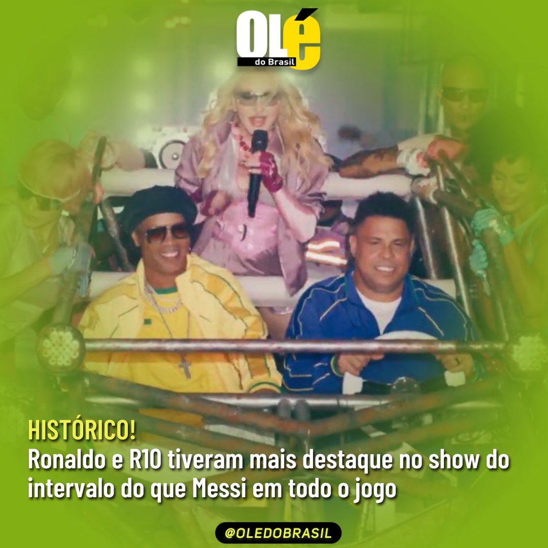 Oledobrasil's tweet photo. Um fato curioso ocorreu na final da Copa do Mundo 2026.

Ronaldo e Ronaldinho Gaúcho, que já se aposentaram, tiveram mais destaque do que Messi, que estava em campo.

Ocorre que o argentino mal tocou na bola, não entrou em campo; já os brasileiros brilharam no show do intervalo em mais um rolê aleatório histórico.

Esse fato reforça que só ex-jogadores da Seleção Brasileira são capazes de fazer o torcedor brasileiro sorrir.

Siga o @oledobrasil para mais notícias fictícias/humorísticas como essa.