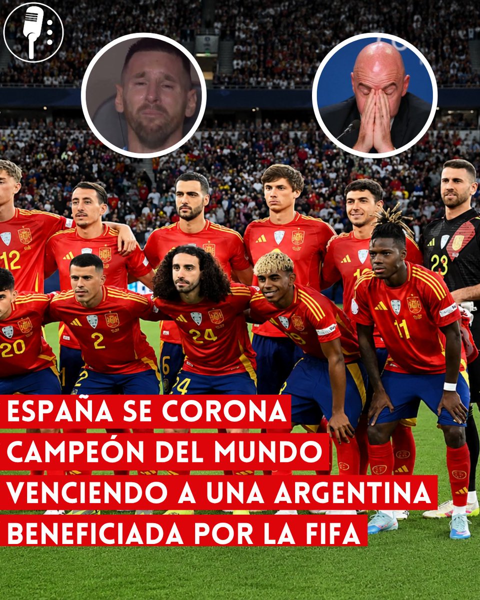 YosoyPedrero's tweet photo. 🚨 OJO: ESPAÑA SE CORONA CAMPEÓN DEL MUNDO VENCIENDO A UNA ARGENTINA BENEFICIADA POR LA FIFA

La selección de España se proclamó campeona del mundo tras imponerse a Argentina en una final intensa que mantuvo la tensión hasta el último minuto. El conjunto español logró imponerse con un juego sólido y efectivo, destacando tanto en la posesión del balón como en la definición frente al arco rival, lo que terminó por inclinar la balanza a su favor.

Sin embargo, el partido no estuvo exento de controversia. A lo largo del encuentro, diversas decisiones arbitrales generaron inconformidad, especialmente entre aficionados argentinos, quienes señalaron posibles fallos que habrían influido en momentos clave del juego. Estas críticas se viralizaron rápidamente en redes sociales, donde se cuestionó el criterio del arbitraje e incluso el papel de los organismos internacionales.

Pese a ello, analistas deportivos han subrayado que España mostró mayor consistencia durante el encuentro, aprovechando oportunidades claras y manteniendo el control en fases determinantes. Más allá de las polémicas, el equipo europeo logró capitalizar sus fortalezas y cerrar el partido con autoridad.

Con este resultado, España suma un nuevo título mundial a su historia y consolida una generación de futbolistas que ha demostrado su calidad en el escenario más grande del deporte. Mientras tanto, la final deja también un debate abierto sobre el arbitraje y la necesidad de mayor transparencia en competiciones internacionales.