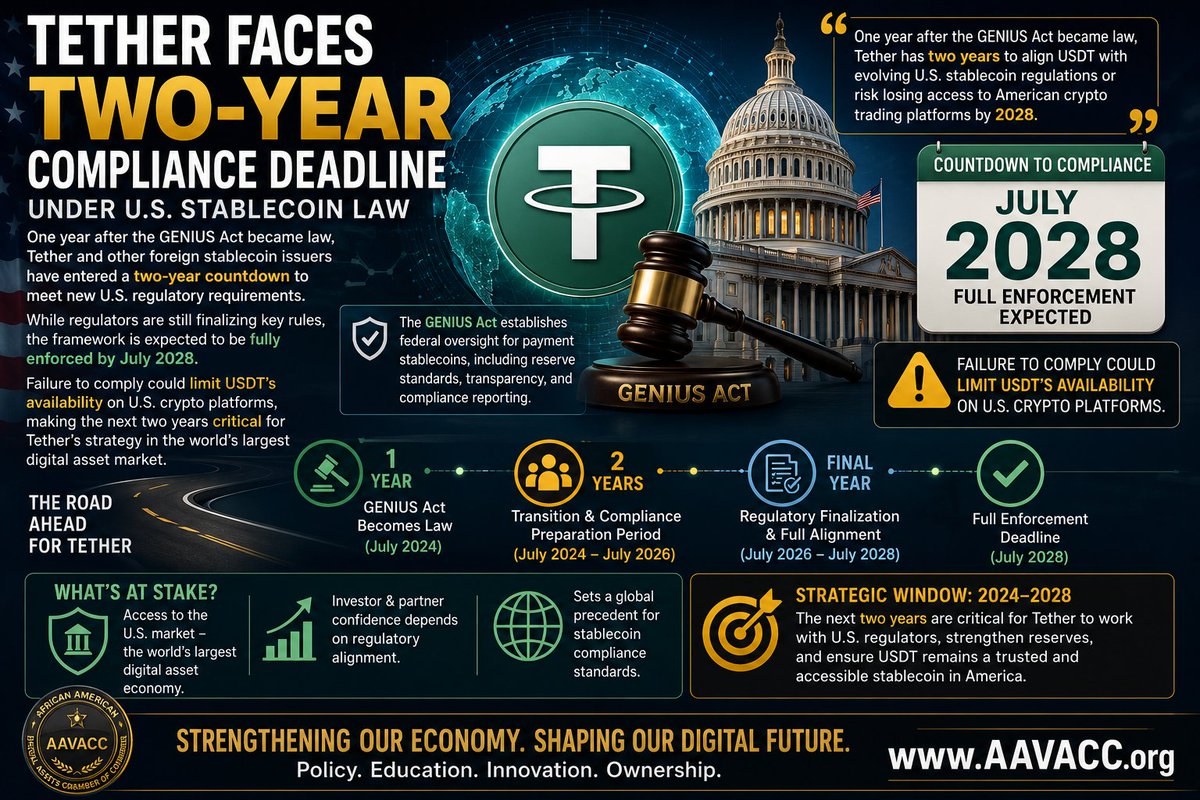 BreakingVoices's tweet photo. Tether Faces Two-Year Compliance Deadline Under U.S. #Stablecoin Law

One year after the GENIUS Act became law, #Tether &amp; other foreign stablecoin issuers have entered a two-year countdown to meet new U.S. regulatory requirements. While regulators are...

https://t.co/GPJsQ0nlur https://t.co/Cnnf4PgLRd