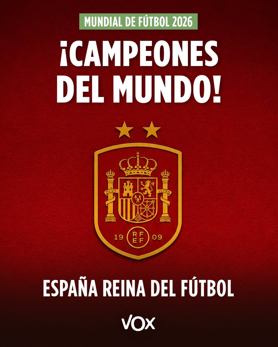 vox_es's tweet photo. 🇪🇸 Equipo legendario. Porque muchos dudaron. Pero este país, nunca falla.

¿Y por qué no? Porque este equipo nos ha dado la gloria. 

⭐️⭐️ CAMPEONES DEL MUNDO https://t.co/QbYUIBKGAz