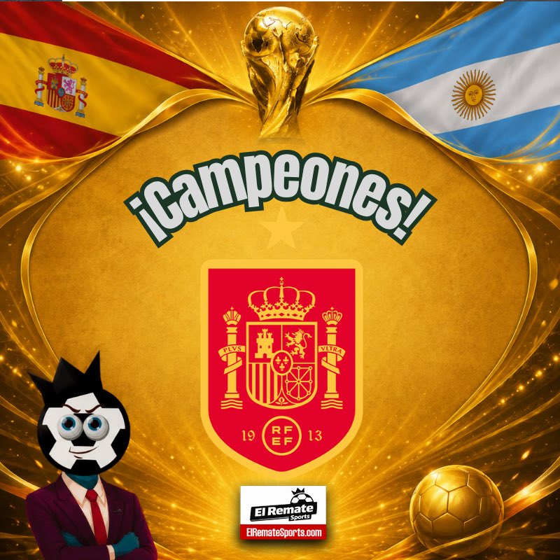 ElRemateSports's tweet photo. #CopaMundial2026 | ¡Hoy ganó el fútbol! 

🇪🇸🏆🇪🇸🏆🇪🇸🏆🇪🇸🏆🇪🇸🏆🇪🇸🏆🇪🇸

#España es CAMPEÓN del MUNDO. Hoy ganó el mejor equipo sobre la cancha.

🇪🇸1-0🇦🇷. https://t.co/jdHzZxe8c3