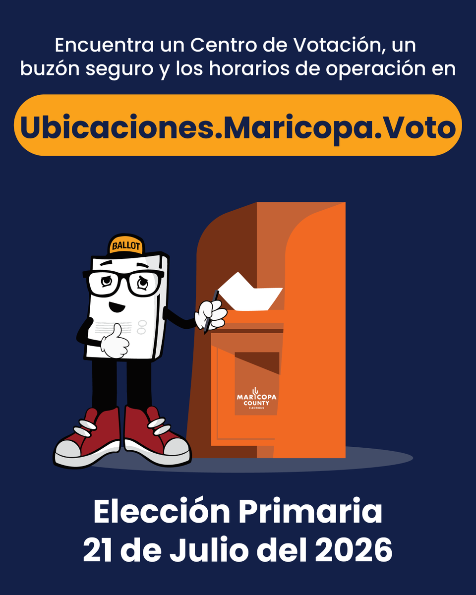 MaricopaVote's tweet photo. Election day is on Tuesday, July 21, 2026. Find a Vote Center, secure drop box, and hours of operation at https://t.co/W3MsThK5Va. 

¡El Día de la Elección es el martes 21 de julio de 2026! Encuentra un Centro de Votación, un Buzón Seguro y los horarios de operación en https://t.co/JexJ4D5R5H.